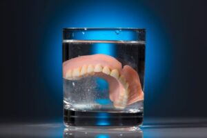 Denture in glass of water with cleaning tablet